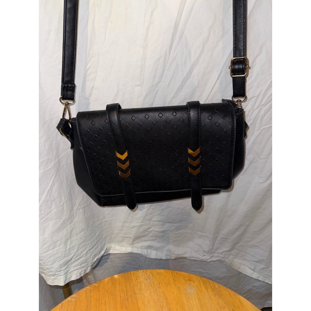 Black Faux Leather Crossbody Bag Gold Chevron Hardware Textured Flap Messenger